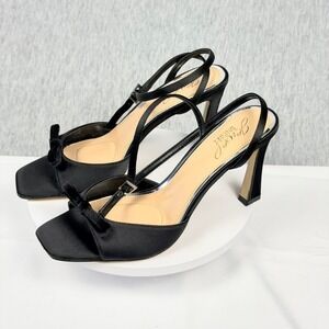 Jewel Badgley Mischka Elisha Black Satin Bow Square Toe Sandals Heels 6.5 NEW